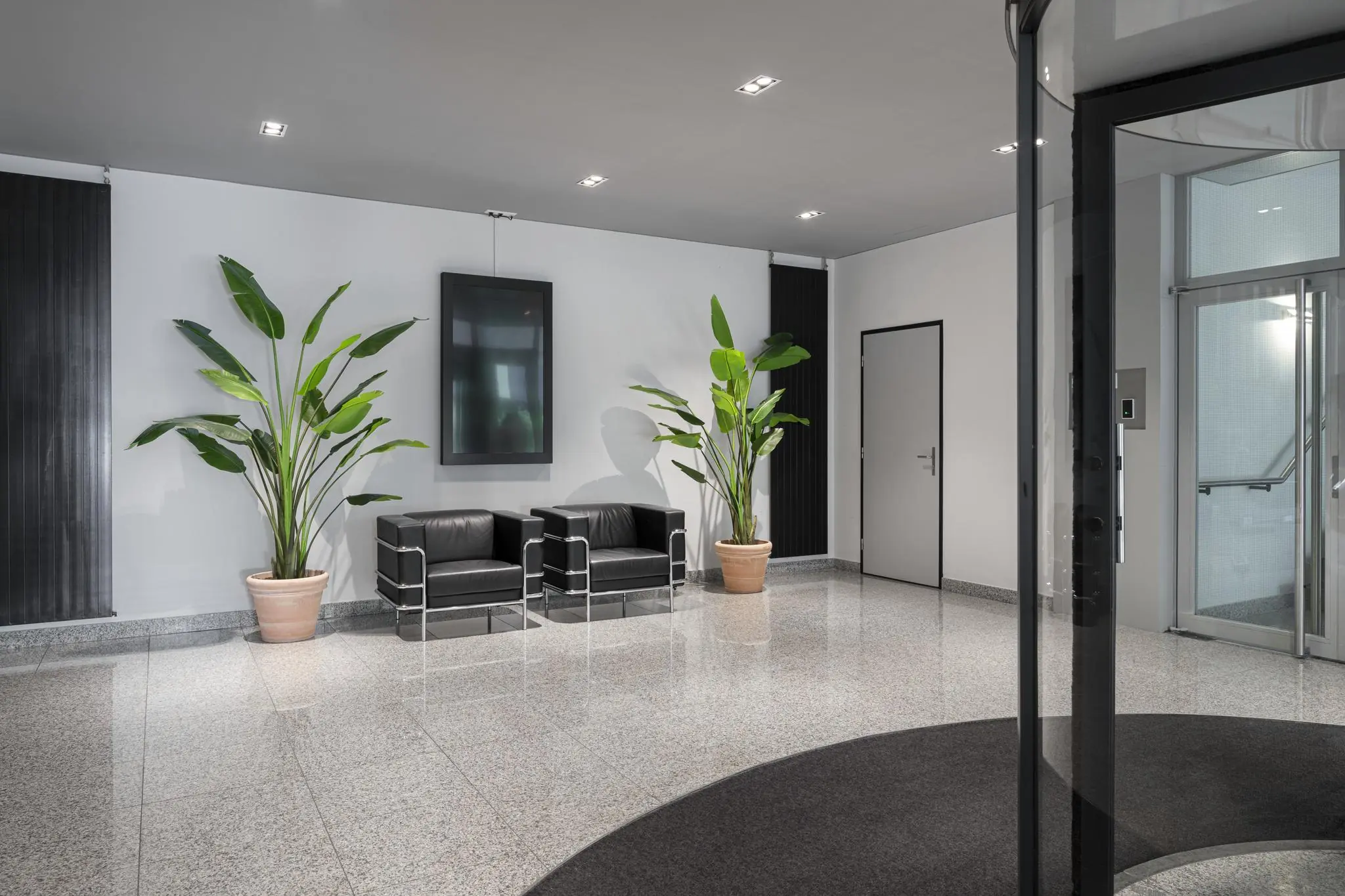 Moderne en strakke ontvangsthal aan de Van Boshuizenstraat met twee zwarte stoelen, grote kamerplanten en een draaideur.